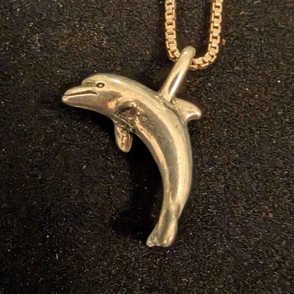 Sterling Silver Dolphin Pendant And 24" Box Chain Necklace